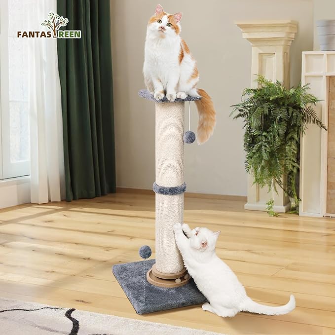 Fantasreen Cat Scratching Post 33 Inches Large and Thick, Cat Scratcher Post Sisal Rope with Hanging Ball, Playground for Indoor Cats and Adult, Grey