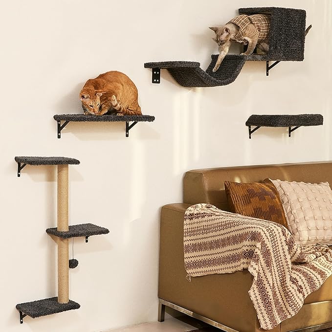 FUKUMARU Cat Wall Shelves, Stable & Safe 4 in 1 Cat Furniture Set, Wooden Climbing Wall with Scratching Post for 16 Inch Drywall - Gray