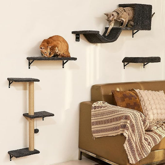 FUKUMARU Cat Wall Shelves, Stable & Safe 4 in 1 Cat Furniture Set, Wooden Climbing Wall with Scratching Post for 16 Inch Drywall - Gray
