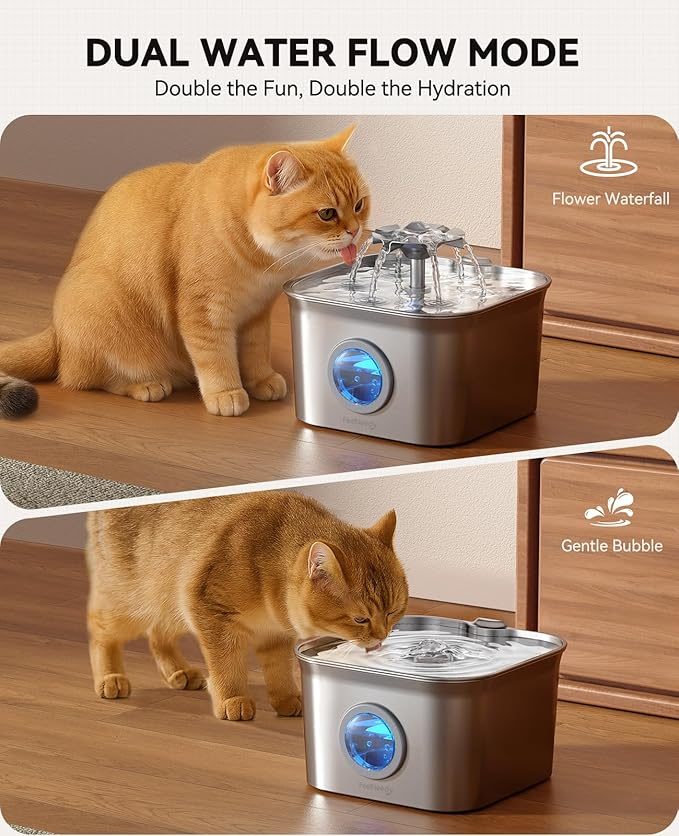 Stainless Steel Cat Water Fountain for Drinking with 9 Filters, 2.8L Auto Pet Drinking Fountain for Cats with 20dB Ultra-Quiet Pump, 24/7 Circulation Filtration LED Water Level Window Dishwasher Safe