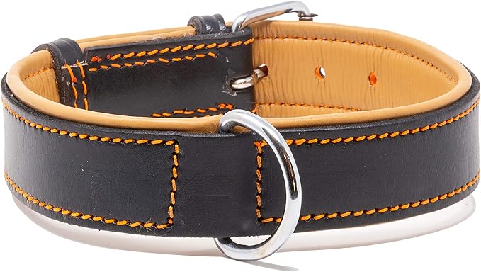 Riparo Dog Collars for Medium Dogs, Genuine Leather Dog Collar, Medium Dog Collar (M: 1" Wide for 13.5”-17.5” Neck, Black/Orange Thread)