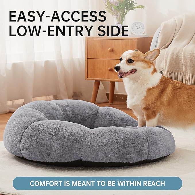 OhGeni 31 inches Calming Donut Orthopedic Dog & Cat Bed for Medium Pets, Warming Comfort Fluffy Short Pile Fur, Durable Waterproof Machine Washable Removable Cover, Round Bed for Puppy, Light Gray