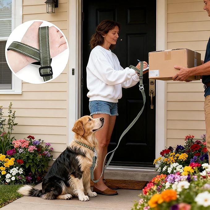 Hands-Free Dog Leash, Heavy Duty No-Pull Training Lead w/Anti-Tangle, Double Padded Traffic Handles Adjustable 5-5.6FT & Reflective Thread for Medium Large Dogs for Running/Walking Green