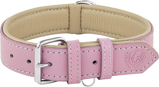 Riparo Genuine Leather Pink Dog Collar Heavy Duty K-9 Adjustable Dog Collar (M: 1” Wide for 13.5”-17.5” Neck, Pink)