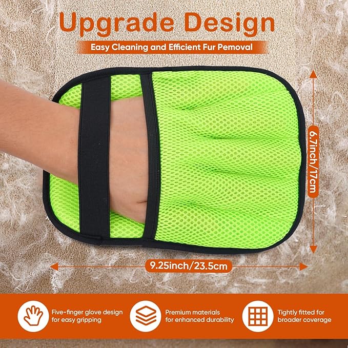 2Pcs Pet Hair Removal Gloves for Cats & Dogs: Upgraded Five-Finger Electrostatic Magic Brush | Reusable Pet Fur Remover Glove for Laundry, Couch, Carpet, Car Seats, Furniture & Clothing (Neon Green)