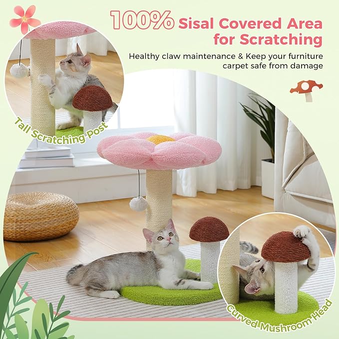 PETEPELA Cat Scratching Post, Mushroom Cat Scratcher Cute Cat Tree Tower with Thick Scratching Post & Removable Flower Cats Bed [Dia=15.7''], Tall Post for Kittens and Indoor, Pink