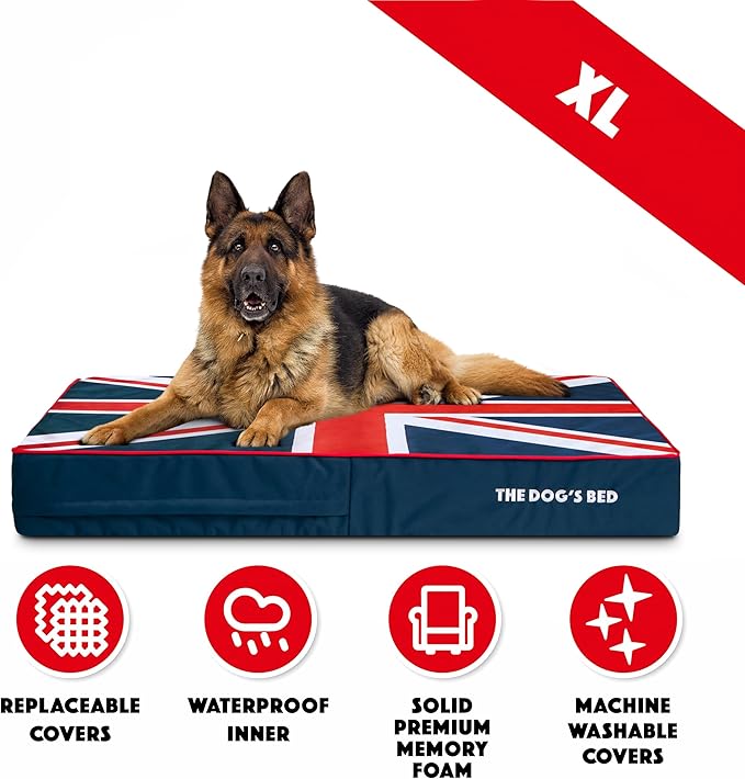 The Dog’s Bed Orthopedic Memory Foam Dog Bed, XL Blue & Red Trim UK Center Flag, Pain Relief for Arthritis, Hip & Elbow Dysplasia, Post Surgery, Supportive, Calming, Veterinary Approved