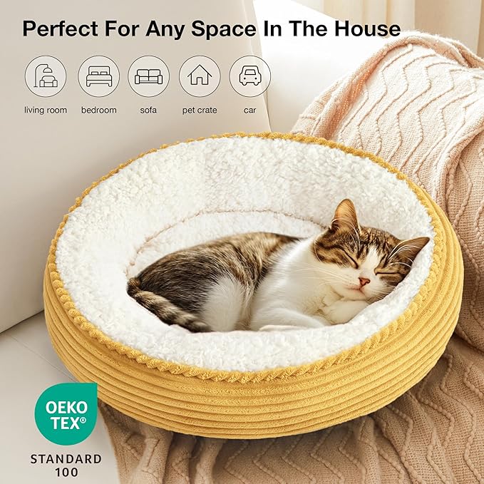 Love's cabin Round Donut Cat and Dog Cushion Bed, 20in Pet Bed for Cats or Small Dogs, Anti-Slip & Water-Resistant Bottom, Super Soft Durable Fabric Pet beds, Washable Luxury Bed Yellow Stripe
