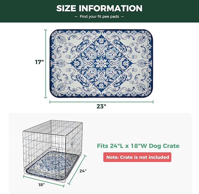 FXW Washable Pee Pads for Dogs, Puppy Pads with Super Absorbent, Specifically Designed for 24inch Cages, 17" x 23" Rectangle, Mandala Blue, 2 Packs