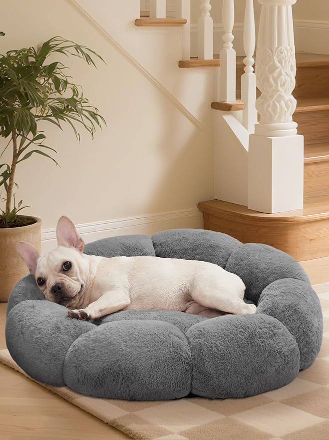 OhGeni 27 inches Calming Donut Dog & Cat Bed for Medium Pets, Warming Comfort Fluffy Short Pile Fur, Durable Machine Washable Round Bed, Cute Round Bed for Puppy and Kitten, Dark Gray