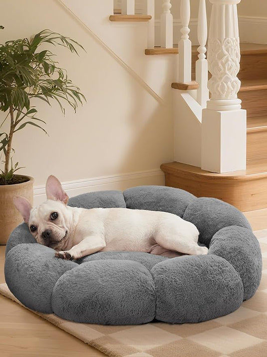 OhGeni 27 inches Calming Donut Dog & Cat Bed for Medium Pets, Warming Comfort Fluffy Short Pile Fur, Durable Machine Washable Round Bed, Cute Round Bed for Puppy and Kitten, Dark Gray