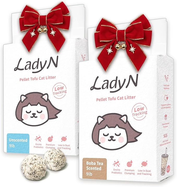 Lady N Tofu Cat Litter, Strong Clumping Ultra Absorbent Natural Litter, Dust-Free Low Tracking Cat Litter Pellets, Enviro-probiotic and Activated Carbon for Odor Control 18lb (Boba Tea+ Unscent)