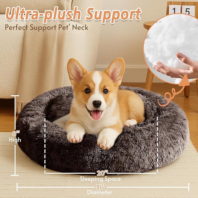 JOLLYVOGUE Calming Dog Bed Medium Size Dog, Anti-Anxiety Donut Medium Pet Bed, 31 inches Fluffy Faux Fur Round Cat Bed, Fits up to 45 lbs Pets
