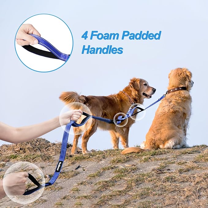 PetBonus Double Dog Leash, No Tangle Dual Leash, Reflective Walking Training Lead, 4 Comfortable Padded Handles for 2 Dogs with Collapsible Bowl and Waste Bags (Blue, Large)