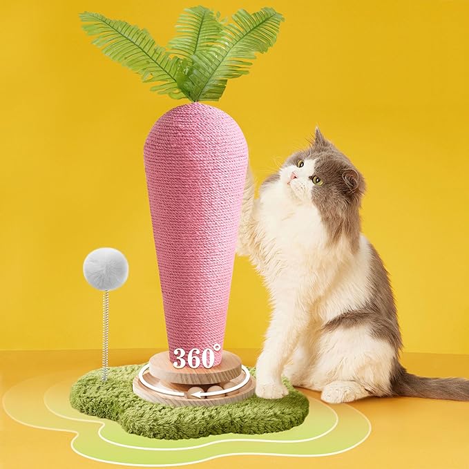 Cute Cat Scratching Post, Carrot Cat Scratcher Post with Durable Natural Wooden Turntable Toy and Catnip, 24'‘ H Carrot Shape Design Sisal Cat Tree Sisal Scratcher for Indoor Cats (Cloud Base)
