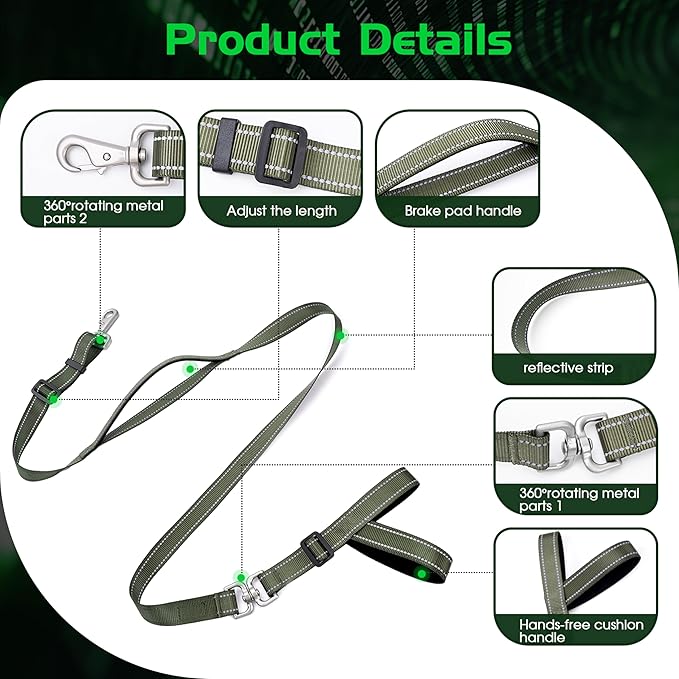 Hands-Free Dog Leash, Heavy Duty No-Pull Training Lead w/Anti-Tangle, Double Padded Traffic Handles Adjustable 5.5-6.2FT & Reflective Thread for Medium Large Dogs for Running/Walking Green