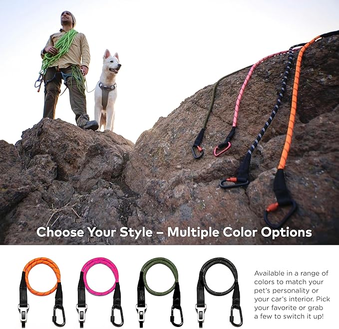 Dog Seat Belt for Car | Universal Dog Car Seatbelt | Durable Reflective Rope with Clip Hook Latch, Buckle and Carabiner- Safe and Secure Pet Safety Restraint (Black)