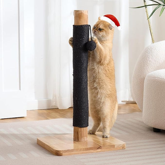 29" Tall Cat Scratching Post for Indoor Cats Adults, Extra-Stable & Natural Solid Wood Scratching Post Sisal Scratcher with Hanging Funny Ball, Black
