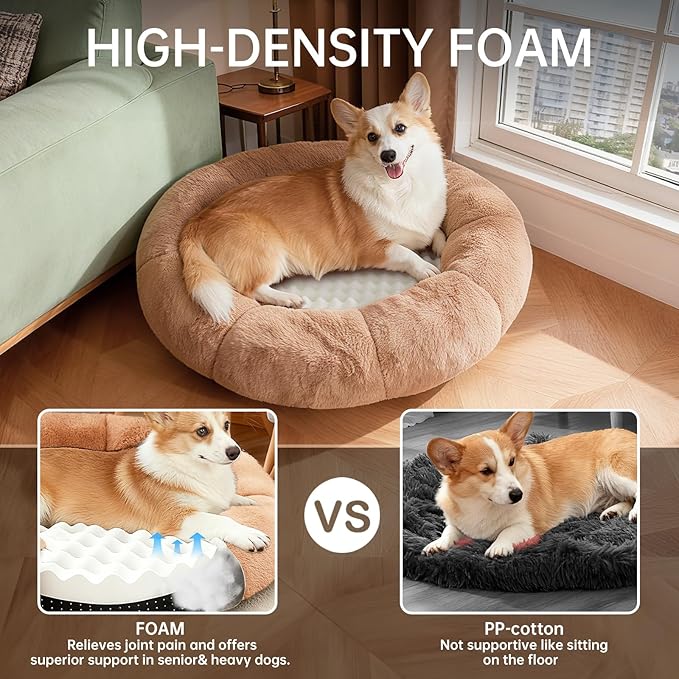 OhGeni 31 inches Calming Donut Orthopedic Dog & Cat Bed for Medium Pets, Warming Comfort Fluffy Short Pile Fur, Durable Waterproof Machine Washable Removable Cover, Cute Round Bed for Puppy, Camel
