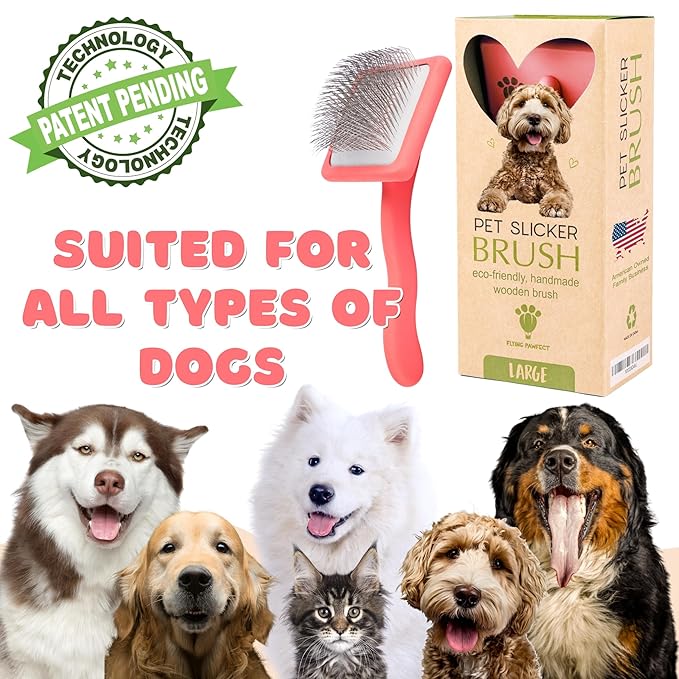 Dog Slicker Brush for Grooming Pet Hair - Best Slicker For Poodle & Golden Doodle - Long Haired Tool For Dogs - Goldendoodle Long Pin Brush For Dematting (Coral, Flat Large)