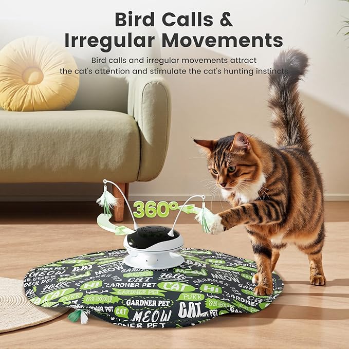Interactive 5in1 Cat Toys Chargeable,Moving Feather,laser pointer,Track Ball,Hide and Seek,Real Bird Sing,Touch/Sound Activated Cat Kitten Toy Exercise Toys for Indoor Bored Cats w/ Replacement Parts