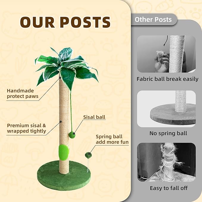 Fantasreen Cat Scratching Post 33'' Cat Scratcher Tall Scratching Posts for Indoor Cats with Cat Toy and Interactive Ball Self Groomer for Kittens Adults Cats