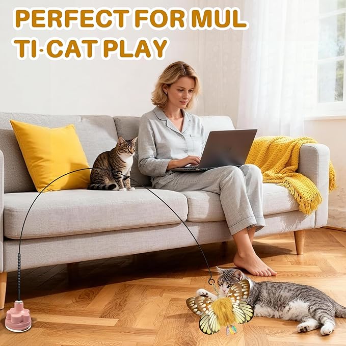 Walfront Interactive Cat Toy – Butterfly Teaser Wand with Pink Flower Suction Cup, Self-Play Toy for Kittens & Adult Indoor Cats, Durable Elastic Stick for Exercise & Boredom Relief