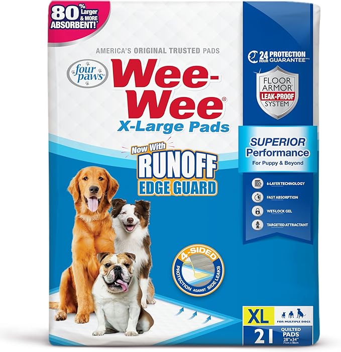 Four Paws Wee-Wee Superior Performance Unscented Extra-Large Pee Pads for Dogs & Puppies, Quilted Leak-Proof Dog Housebreaking Potty Training Floor Protection, 28" x 34", 21 Count
