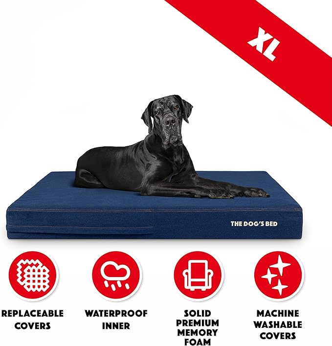 The Dog’s Bed Orthopedic Memory Foam Dog Bed, XXL Blue Denim Pain Relief for Arthritis, Hip & Elbow Dysplasia, Post Surgery, Lameness Supportive, Calming, Waterproof Washable Cover Veterinary Approved