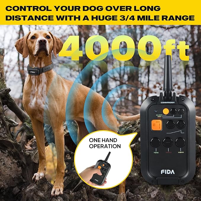 Fida Dog Shock Collar with Remote 3/4 Mile Range E Collar for Dogs Training, IPX7 Waterproof Rechargeable Dog Training Collar for Medium Large Dogs with 3 Modes: Viberation/Beep/Safe Shock(16 Levels)