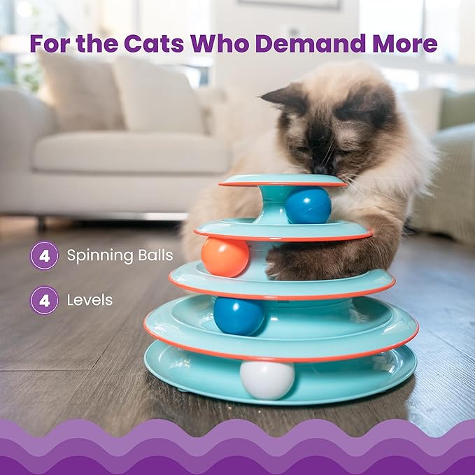 Catstages Chase Meowtain 4-Tier Interactive Cat Track Toy – 4 Spinning Balls, Non-Slip Base, Ideal for Indoor Cats, Blue