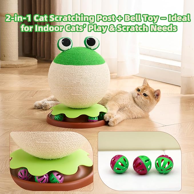 3-in-1 Modern Cat Ball Scratcher & Cat Toys for Indoor Cats/Kittens, Cute Orange/Frog/Bee Design with Bell Ball Track, Natural Sisal Cat Scratching Post, Space-Saving Interactive Cat Scratcher
