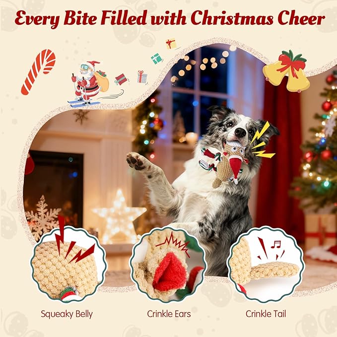 Christmas Dog Toys for Large Dogs - Squeaky Hippo Plush Dog Toys with Crinkle Paper, Cotton Ropes for Tug Games, Ideal Xmas Gift