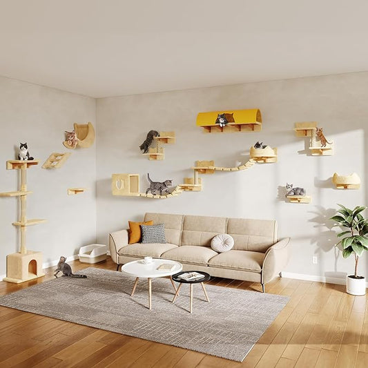 20-in-1 Cat Wall Shelves, Wall Mounted Pet Furniture w/Plush Fabric, Cat Climbing Wall System, 63'' Cats Tower w/Scratching Posts, Cats Shelf with 40''L Tunnel, Condos, House, Step and Ladder