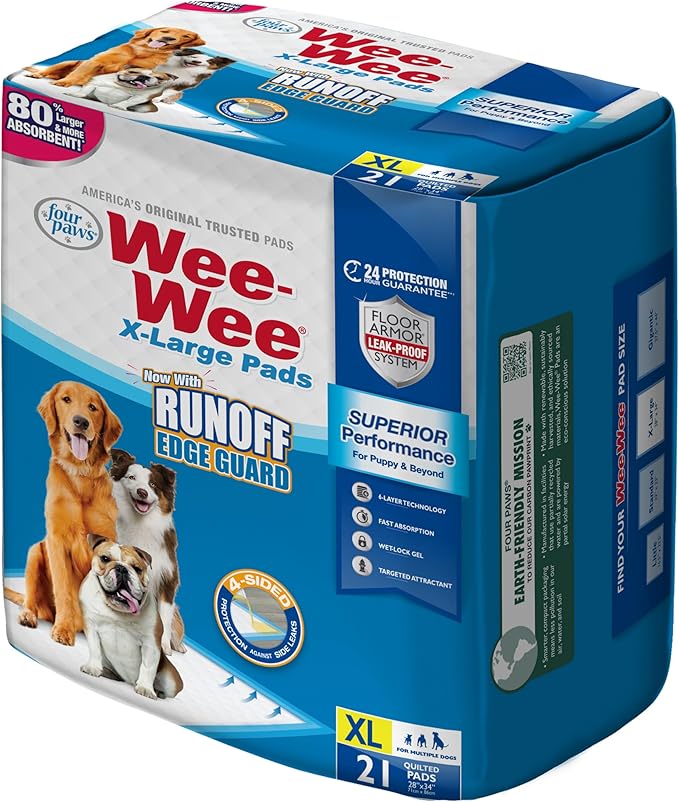 Four Paws Wee-Wee Superior Performance Unscented Extra-Large Pee Pads for Dogs & Puppies, Quilted Leak-Proof Dog Housebreaking Potty Training Floor Protection, 28" x 34", 21 Count