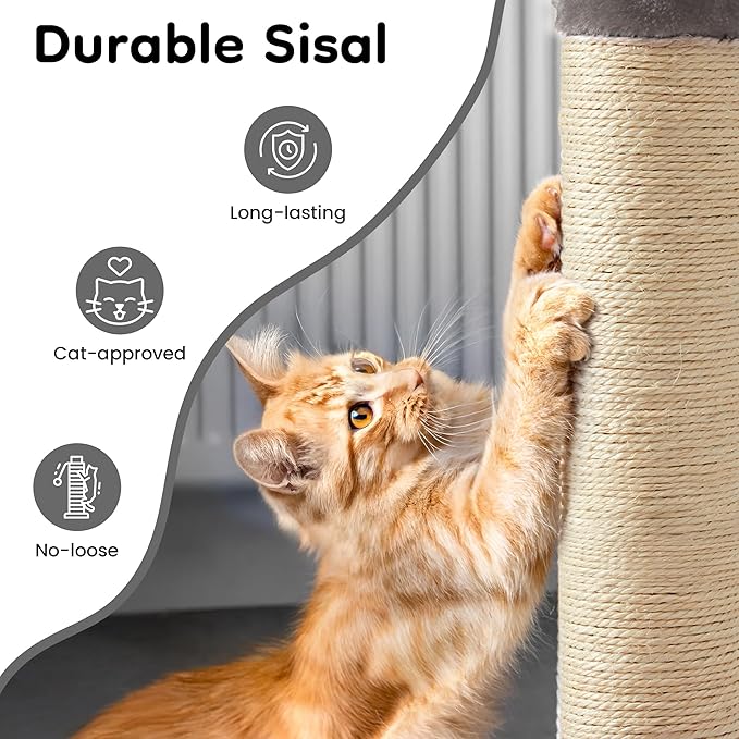 Indoor Cat Scratching Post: 22 in Tall Cat Scratcher with Natural Sisal Rope, Cute Monster Design Kitty Pet Tower with Sturdy Wood Base, Great Gift for Small and Large Kittens, Grey
