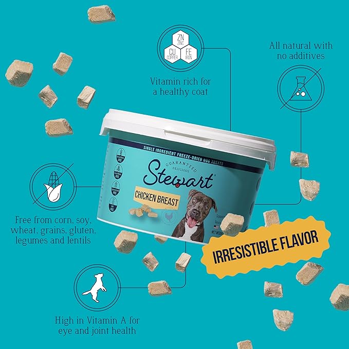 Stewart Chicken Breast Dog Treats, 14.8 oz, ~280 Pieces, Freeze Dried Raw, Single Ingredient, 74% Protein Training Treats or Meal Topper in a Value Size Resealable Tub, Grain Free, Gluten Free