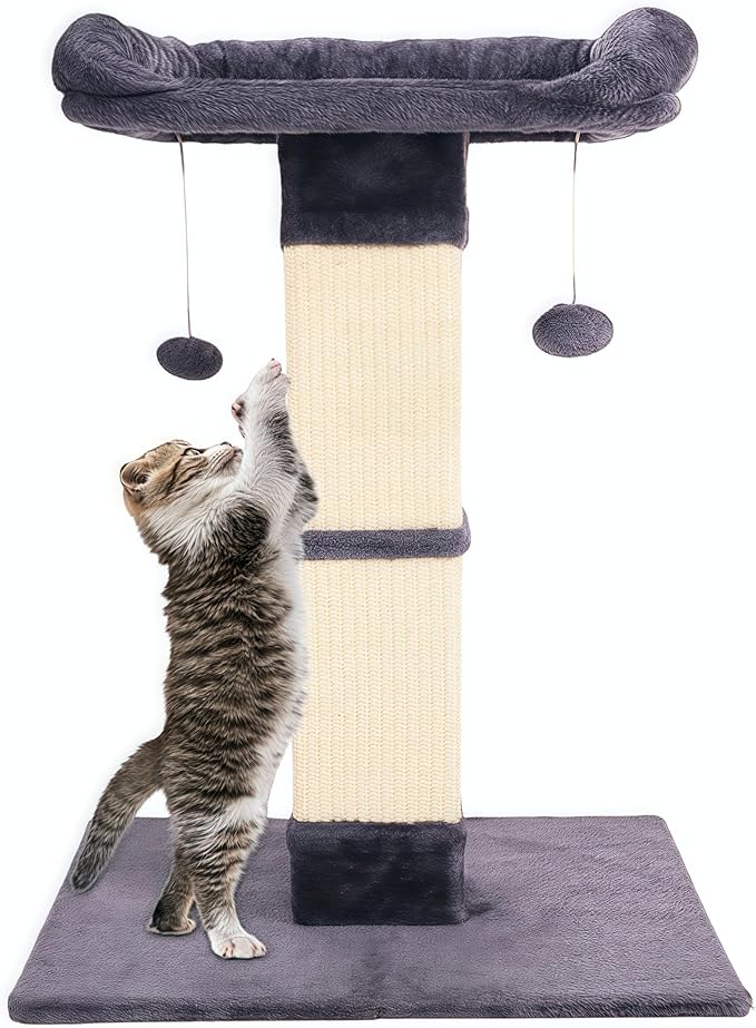 34" Cat Scratching Post for Indoor Cats, Sisal Cat Scratcher with Large Plush Perch, Vertical Posts with Elevated Bed and with Two Dangling Balls, Removable & Washable Cover, Dark Grey