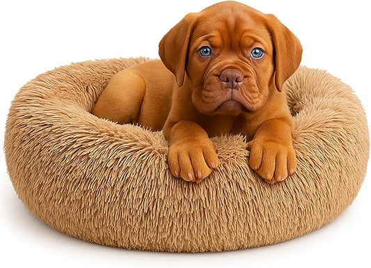 Calming Dog Bed - Fluffy Donut Cuddler for Anxiety Relief, Orthopedic Pet Bed with Non-Slip Bottom, Cozy Round Faux Fur Nest for Dogs and Cats, Plush Crate Mat for Comfort (Camel, Small)