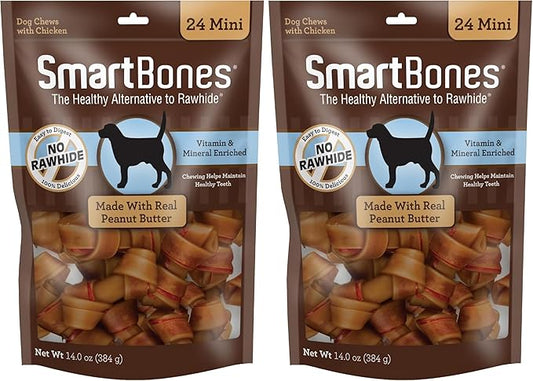SmartBones Mini Chews with Real Peanut Butter 24 Count, Rawhide-Free Chews for Dogs (Packaging May Vary) (Pack of 2)