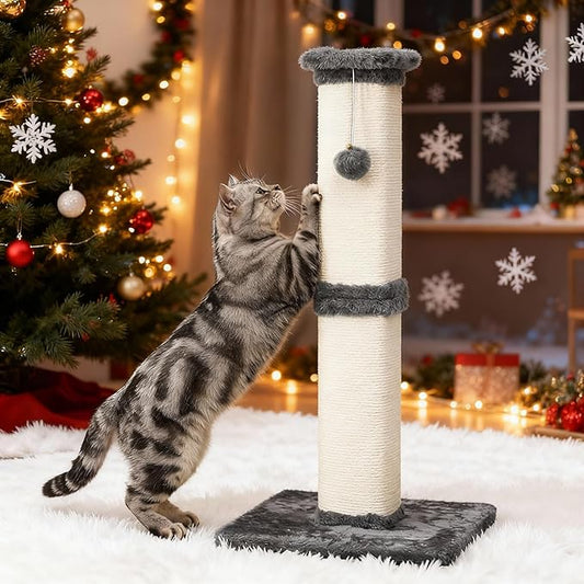 Indoor Cat Scratching Post: 32 in Tall Cat Scratcher with Natural Sisal Rope, Kitty Pet Tower with Sturdy Wood Base and Hanging Ball Toy, Great Gift for Small and Large Kittens, Dark Grey