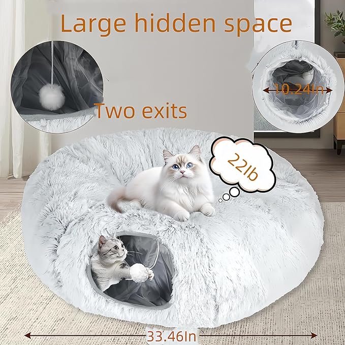 Cat Bed, Tunnel cat Bed, Foldable Furry cat Bed, Grey (33.46 inches), with Hanging Toys, Suitable for Multiple Cats Machine Washable