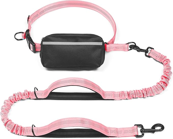 iYoShop Hands Free Dog Leash with Zipper Pouch, Dual Padded Handles and Durable Bungee for Walking, Jogging and Running Your Dog (Baby Pink, 8-25 lbs, Medium)