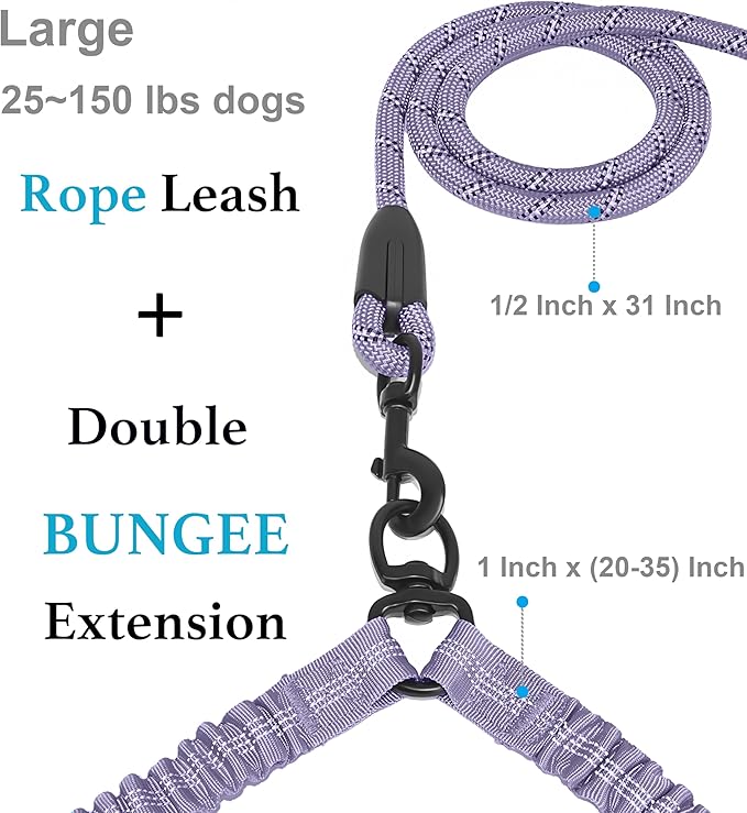 iYoShop Dual Dog Leash - 360° Swivel, No Tangle Walking Leash with Shock Absorbing Bungee for Two Dogs (Large, 25-150 lbs, Lavender)