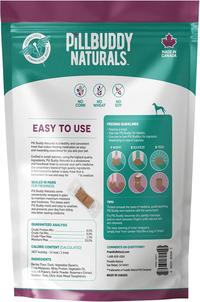 Earthly Pill Buddy Naturals - Duck (Chicken-Free) Pill Hiding Treats for Dogs - Pill Pocket for Any Size Medication - 90 Servings