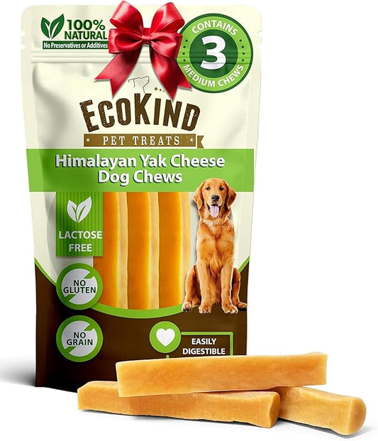 EcoKind Premium Gold Yak Cheese Himalayan Dog Chews, Dog Treats for Medium Dogs, All Natural, High Protein, for Aggressive Chewers, Medium - 3 Chews