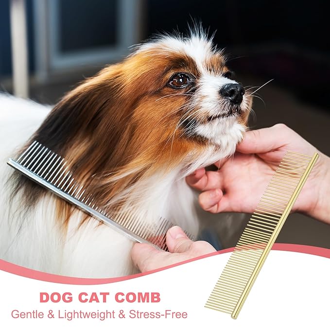Dog Cat Comb, Pet Combs Stainless Steel Teeth with Rounded Ends for Knots Mats Loose Hair Removal, 7.5IN (Gold Plated, 3 Pack), Grooming Tool Intended for Long Curly Hair Pet