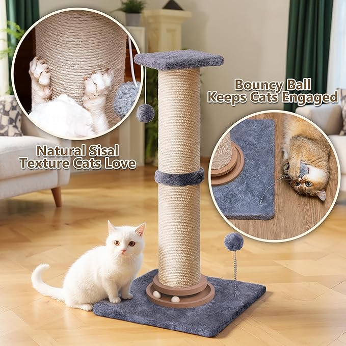 Fantasreen Cat Scratching Post 33 Inches Large and Thick, Cat Scratcher Post Sisal Rope with Hanging Ball, Playground for Indoor Cats and Adult, Grey