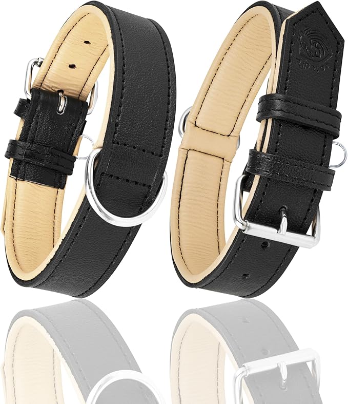 Riparo Adjustable Leather Dog Collar - Heavy Duty Wide Dog Collar for Small, Medium, Large and Extra Large Dogs with Dog Tag Holder (XL: 1.75" Wide for 21”-25” Neck, Black)