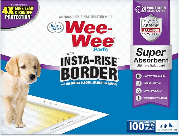 Four Paws Wee-Wee Super Absorbent Unscented Pee Pads for Dogs & Puppies with Insta-Rise Border, Leak-Proof Dog Housebreaking Potty Training Floor Protection, 22" x 23", 100 Count